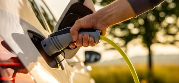Ein Mann steckt einen Ladestecker an ein Elektroauto an, im Hintergrund ist eine verschwommene grüne Landschaft zu sehen