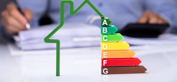 Modell der Energieeffizienzklassen für Häuser, im Hintergrund ein Energieberater am Schreibtisch