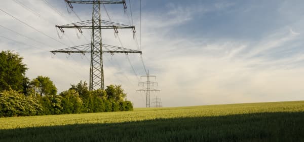 Strommasten in einer grünen Landschaft in Deutschland, die sich über hügeliges Gelände erstrecken, mit weiten Wiesen und Bäumen im Hintergrund.
