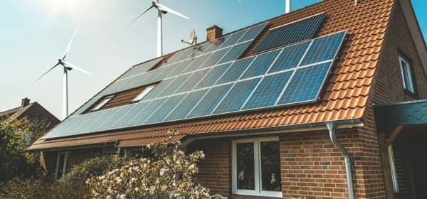 Haus mit Solaranlage auf dem Dach steht vor drei Windrädern