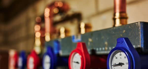 Heizungssystem im Keller mit Heizungsrohren und Messeinrichtung für Temperatur