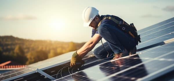 Monteur arbeitet am Anschluss von Solarmodulen auf einem Dach