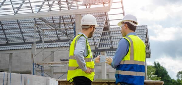 Ingenieure analysieren einen Bauplan auf der Baustelle eines neuen Hauses