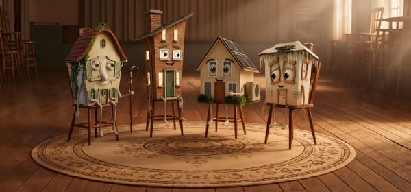 Das Bild zeigt vier Haus-Silhouetten, die wie Figuren auf Stühlen in einem leeren, sonnendurchfluteten Saal sitzen. Die Szene wirkt ruhig und geheimnisvoll, mit warmem Lichteinfall und aufgestapelten Stühlen im Hintergrund.