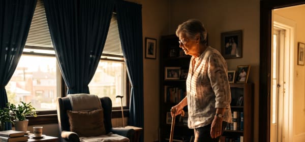 Seniorin geht durch ihr abgedunkeltes Wohnzimmer zu Hause zu Ihrem Sessel.