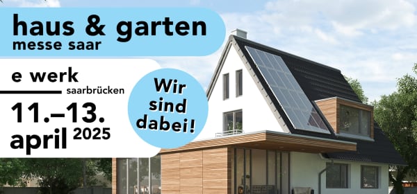 Das Bild zeigt die Messe Haus und Garten Saar, die vom 11. bis 13. April 2025 im E-Werk Saarbrücken stattfindet. Im Vordergrund steht ein modernes Haus mit Solarpanelen, das nachhaltige Wohnlösungen präsentiert. Entdecken Sie innovative Ideen für Ihr Zuhause und Ihren Garten auf dieser inspirierenden Messe.