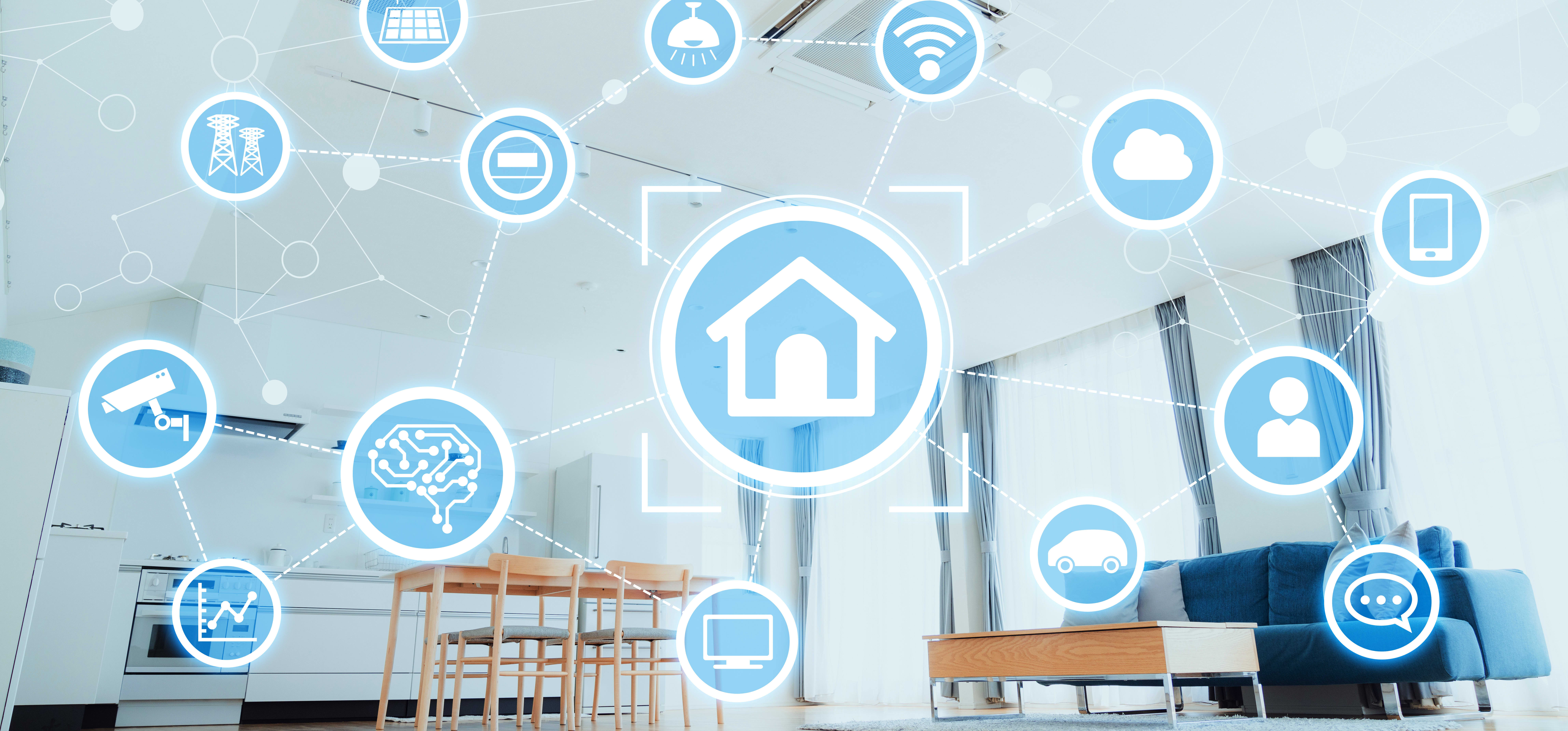 Helles Wohnzimmer mit offener Küche, im Vordergrund sind verschiedene Symbole zur Hausautomation zu sehen, die Teil eines Smart-Haus-Konzepts sind