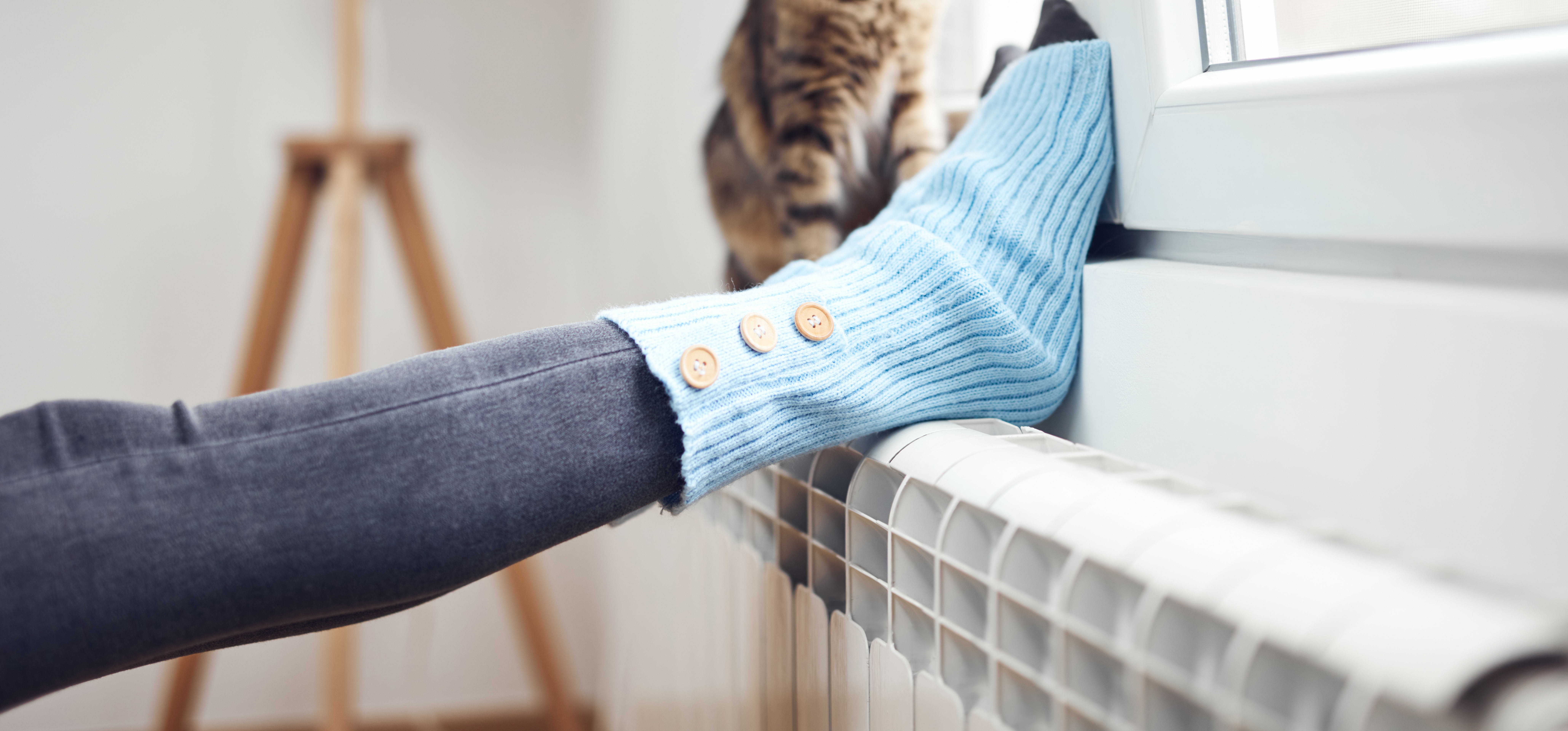 Füße einer jungen Frau auf einem Heizkörper unter einem gekippten Fenster, daneben sitzt eine Katze auf der Heizung und schaut nach draußen