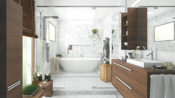 Badezimmer komplett mit Holzmöbeln