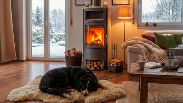 Hund liegt auf dem Boden eines Wohnzimmers mit brennendem Kaminofen