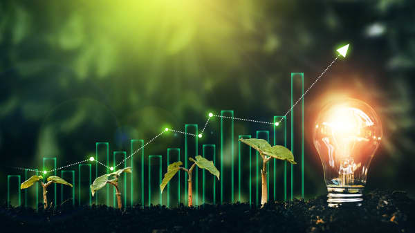 Leuchtende Glühbirne und junge Pflanzen in Erde neben ansteigendem Diagramm