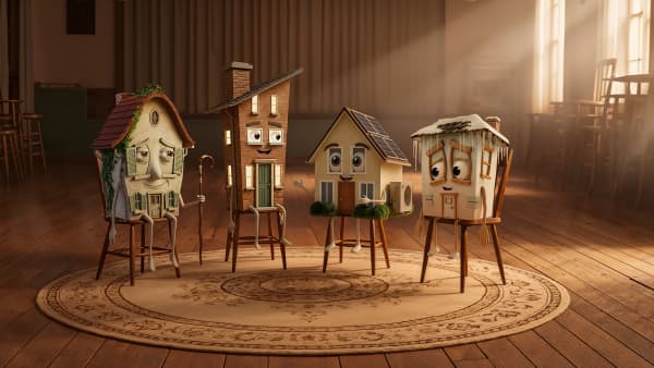 Das Bild zeigt vier Haus-Silhouetten, die wie Figuren auf Stühlen in einem leeren, sonnendurchfluteten Saal sitzen. Die Szene wirkt ruhig und geheimnisvoll, mit warmem Lichteinfall und aufgestapelten Stühlen im Hintergrund.