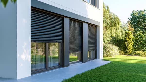 Dunkle Rollläden an einem modernen Wohngebäude