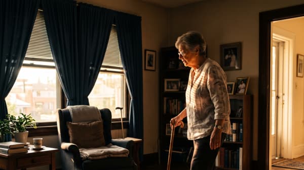 Seniorin geht durch ihr abgedunkeltes Wohnzimmer zu Hause zu Ihrem Sessel.