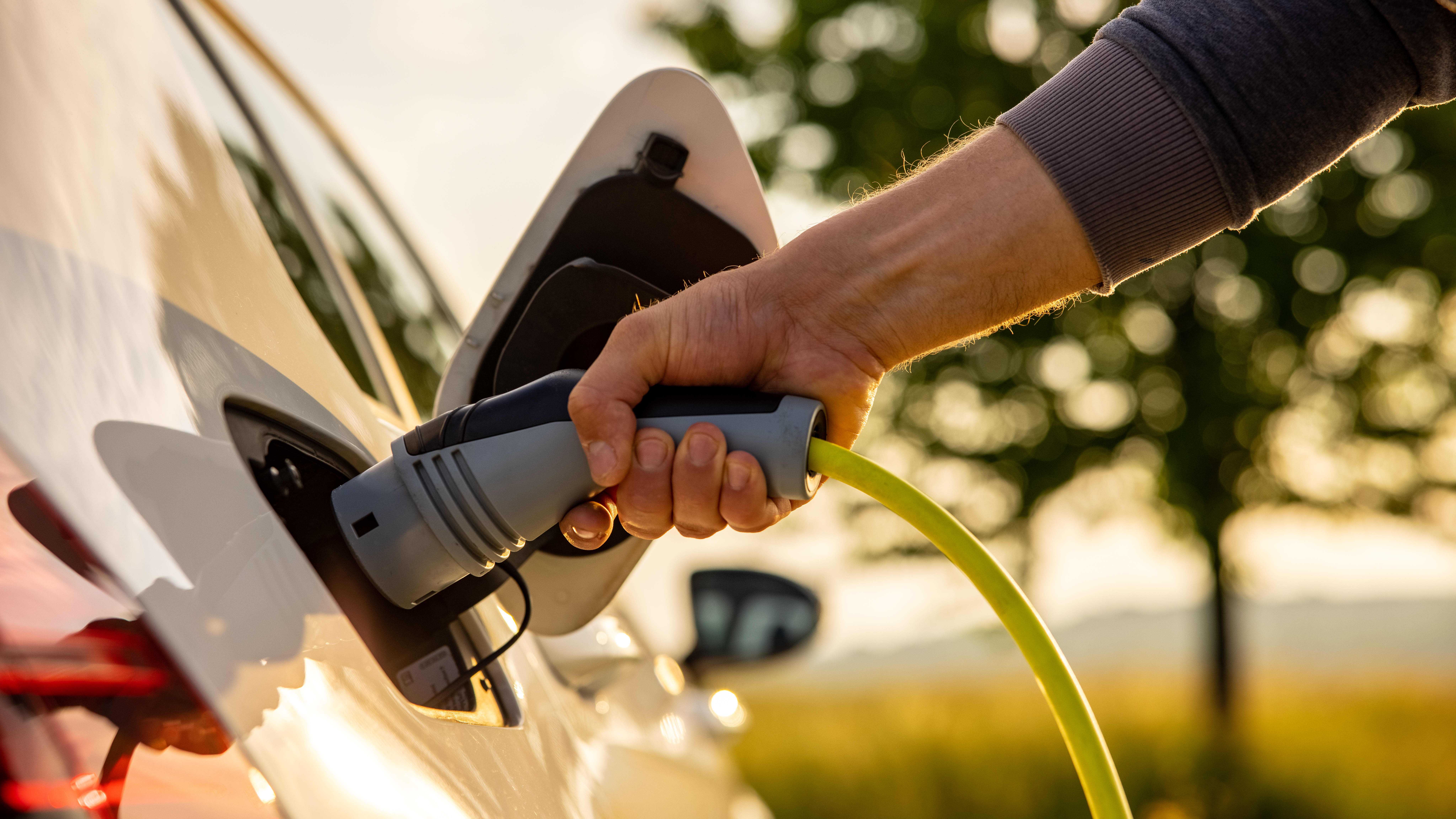 Ein Mann steckt einen Ladestecker an ein Elektroauto an, im Hintergrund ist eine verschwommene grüne Landschaft zu sehen