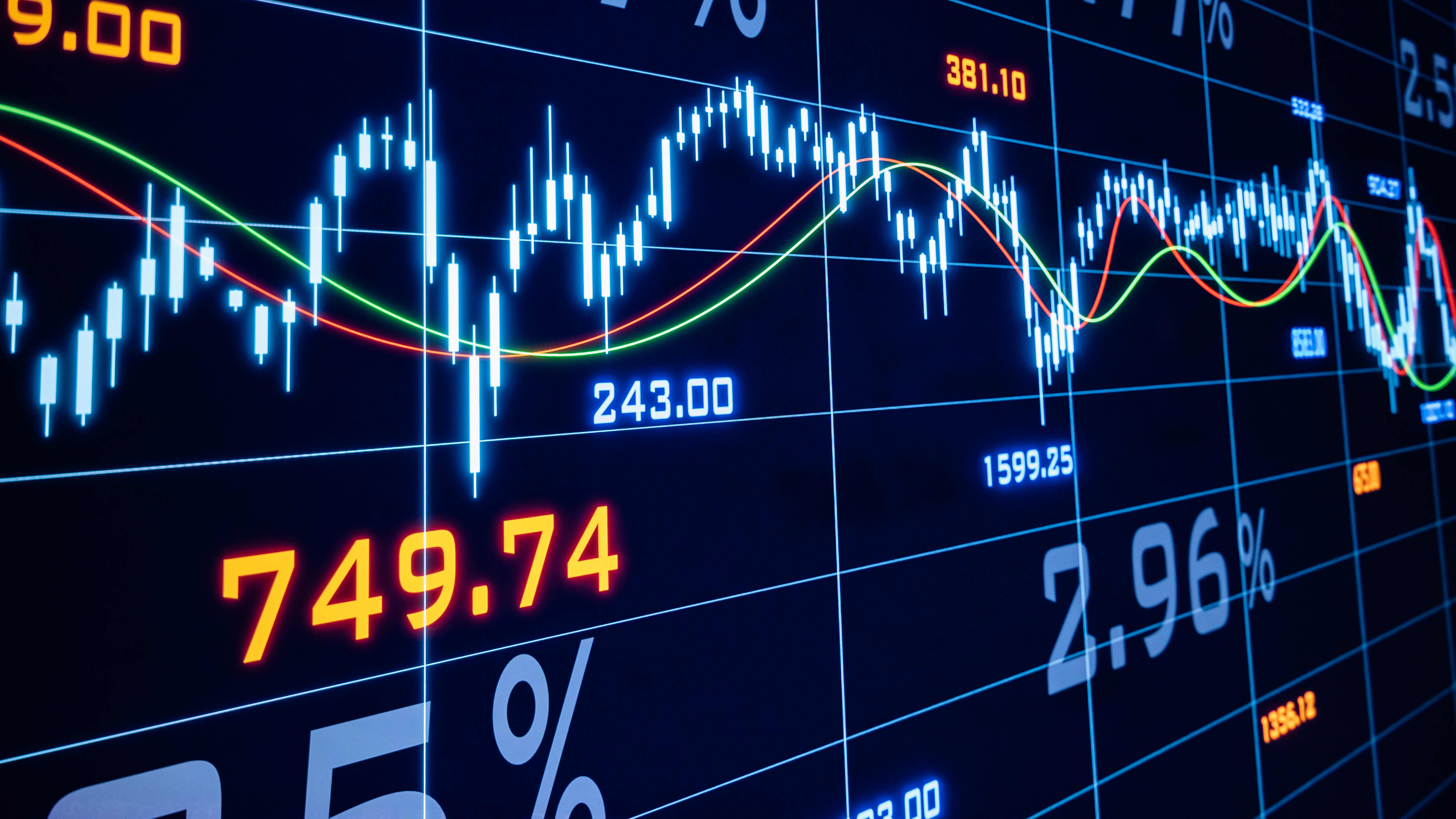 Nahaufnahme eines Bildschirms mit Finanzdiagrammen und Zahlen, die den Aktienmarkt und den Devisenhandel darstellen