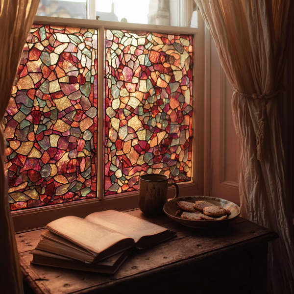 Gemütliche Leseecke mit farbigem Buntglasfenster und Buch