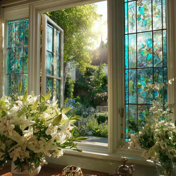 Offenes Fenster mit Buntglas und Blick in blühenden Garten