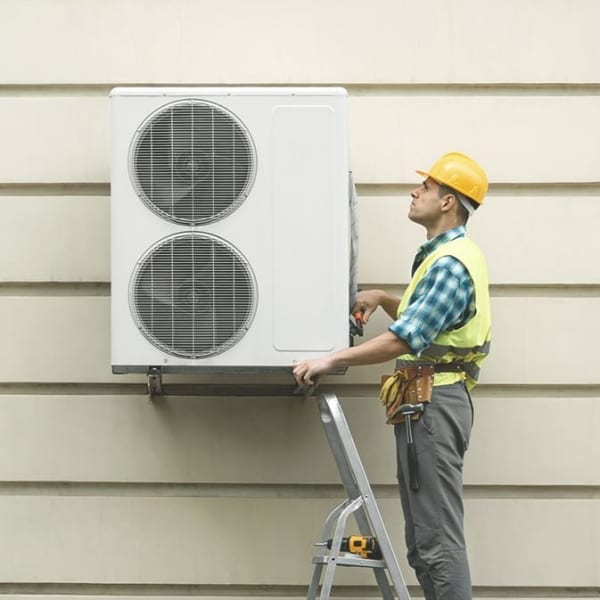Handwerker bei der Montage einer Wärmepumpe an Hauswand.
