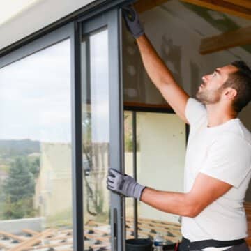 Monteur installiert eine Schiebetür aus Glas