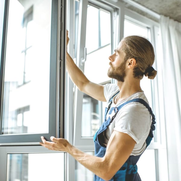 Fensterinstallation in moderner Wohnung – Handwerker bei der Montage