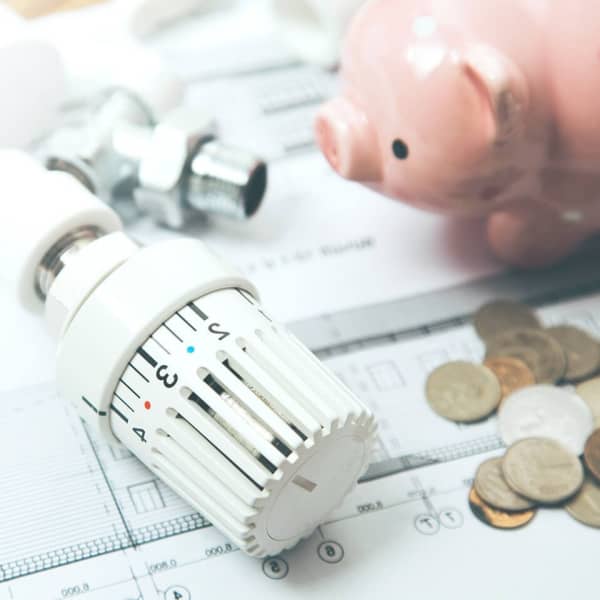 Thermostat einer Heizung liegt neben Kleingeld und Sparschwein auf Plänen.