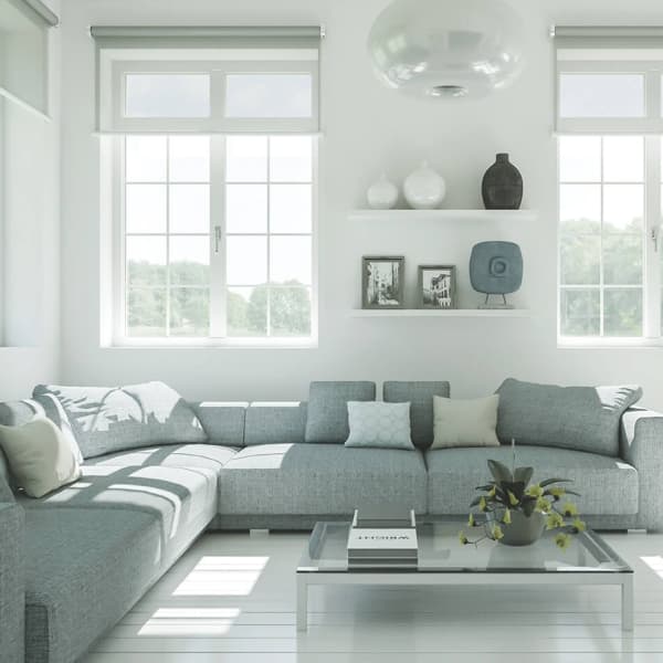 Helles Wohnzimmer mit grauer Eckcouch, großen Schallschutzfenstern und Glas-Couchtisch