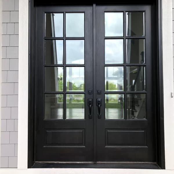 dunkle Haustür mit zwei Flügeln mit Glaseinsätzen