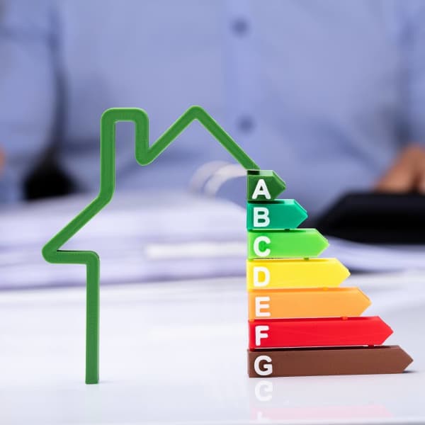 Modell der Energieeffizienzklassen für Häuser, im Hintergrund ein Energieberater am Schreibtisch
