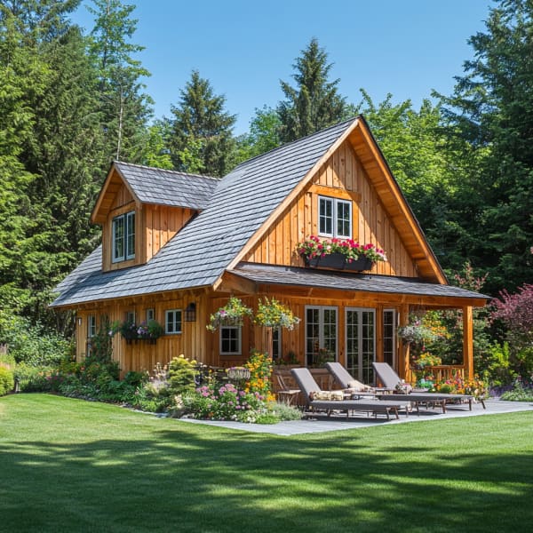 Das Bild zeigt ein charmantes Fertighaus im Landhausstil mit Garten