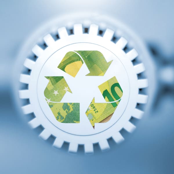 Heizungsthermostat im Fokus mit leicht erkennbarem 100 Euro Schein.