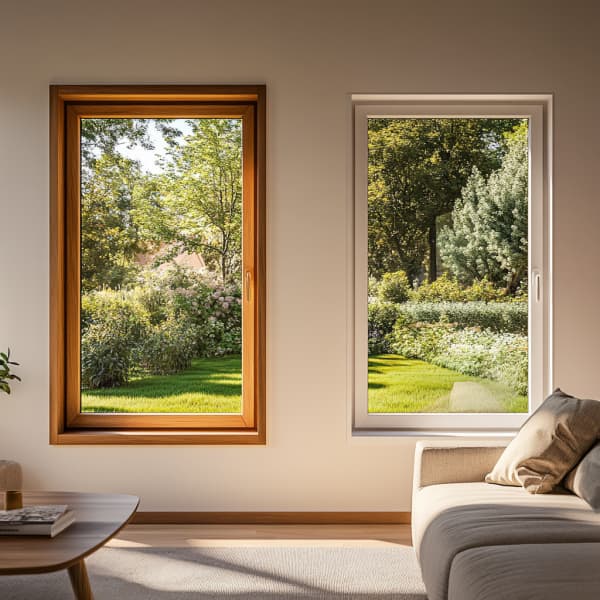 Das Bild zeigt ein Wohnzimmer mit Holzfenster und Kunststofffenster