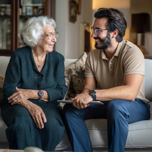 Nahaufnahme: ältere Frau mit grauen Haaren trägt ein Notruf-Armband und sitzt in einem Wohnzimmer auf einem Sofa. Neben ihr sitzt ein jüngerer Mann mit kurzärmligem Polo und Smartwatch, beide im Gespräch; im Hintergrund sind Kissen und Möbel sichtbar.