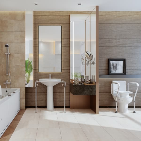 Modernes Badezimmer-Interieur mit Badewanne, WC und Waschbecken in barrierefreier und behindertengerechter Ausführung