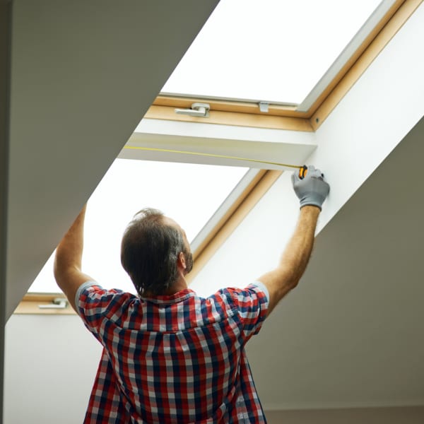 Mann ist dabei, ein Dachfenster auszumessen