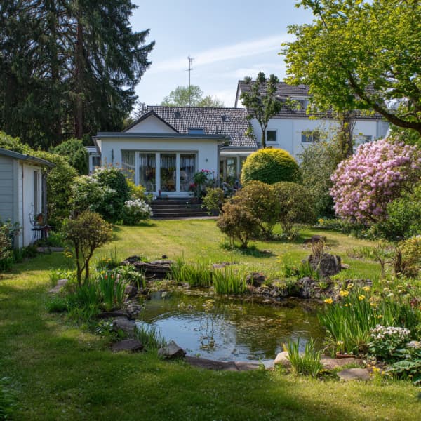 Ein großer Garten mit Teich und einem Haus im Hintergrund.