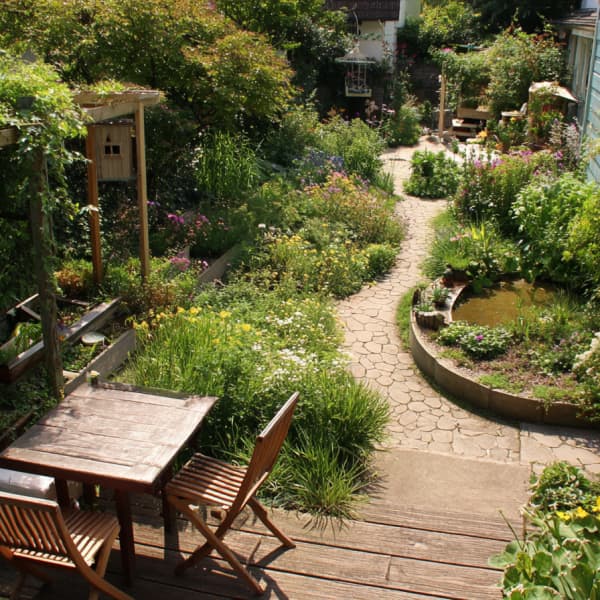 Kleiner Garten naturnahe gestaltet mit Terrasse, Weg und Beeten.