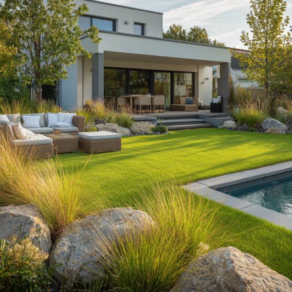 Garten mit Pool und Loungeecke.