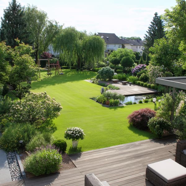 Grosser Garten mit Rasenfläche, Terrasse, Teich und Beeten.