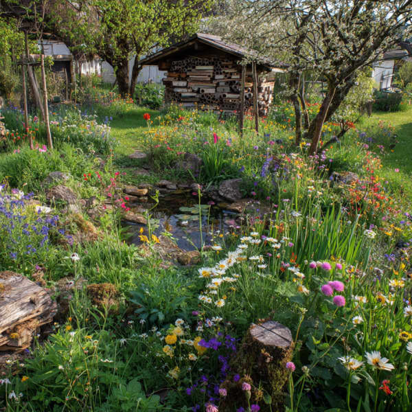 Ein naturnaher Garten mit einem kleinen Teich und viele Pflanzen.