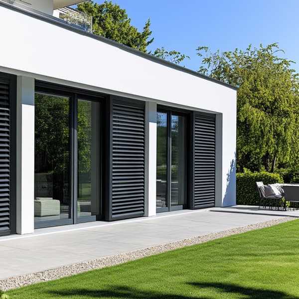 Haus mit Terrassenfenstern und dunklen Rollläden.