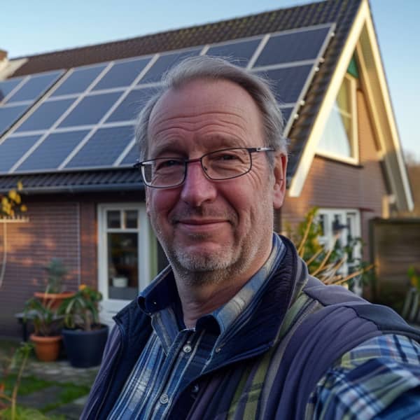 Mann mit Haus und Solaranlage