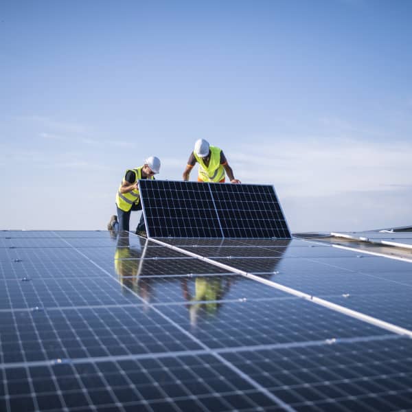Zwei Arbeiter in gelben Warnwesten und weißen Helmen installieren ein Solarmodul auf einem Dach