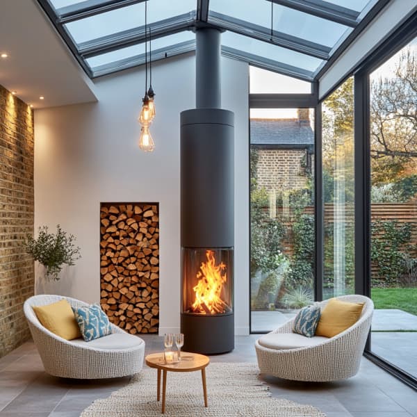 Moderner Wintergarten mit Kamin.