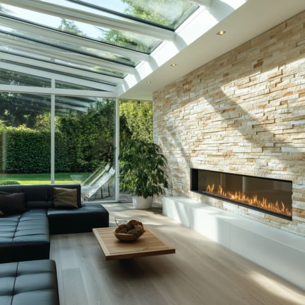 Wintergarten mit Naturstein und eingebautem Kamin.