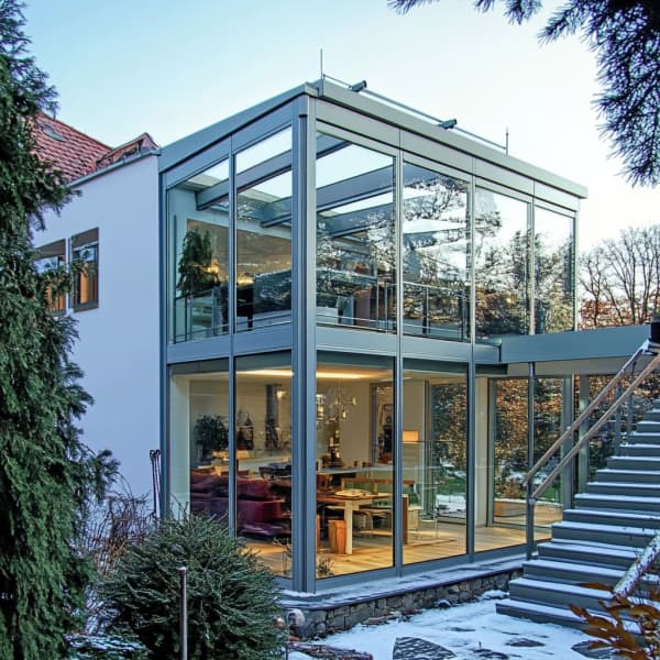 Wintergarten über zwei Etagen an Haus angebaut.