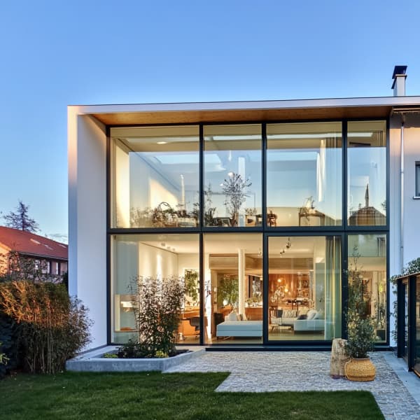 Modernes Haus mit Wintergarten über zwei Etagen.