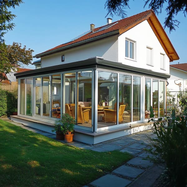 Wintergarten-Bausatz als Warmwintergarten angebaut ans Haus.