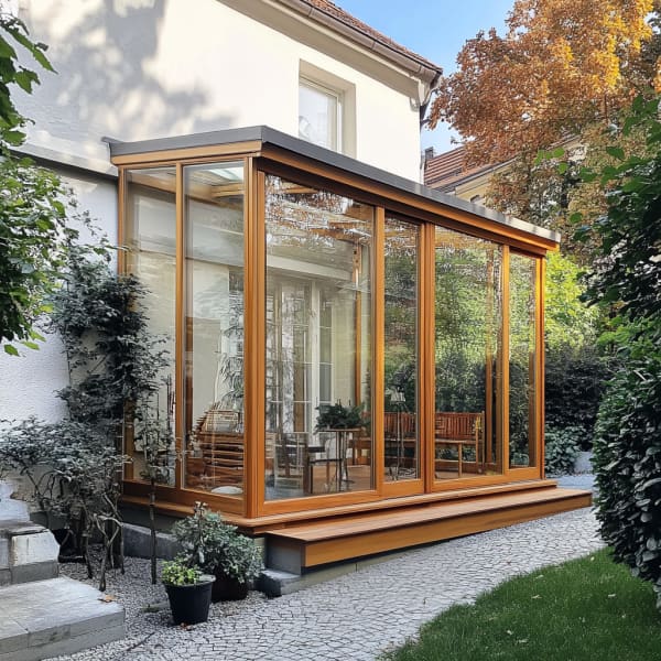 Wintergarten-Bausatz mit Profilen aus Holz mit Pultdach.