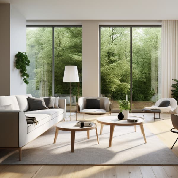 Das Bild zeigt ein modernes Wohnzimmer mit bodentiefen Fenstern